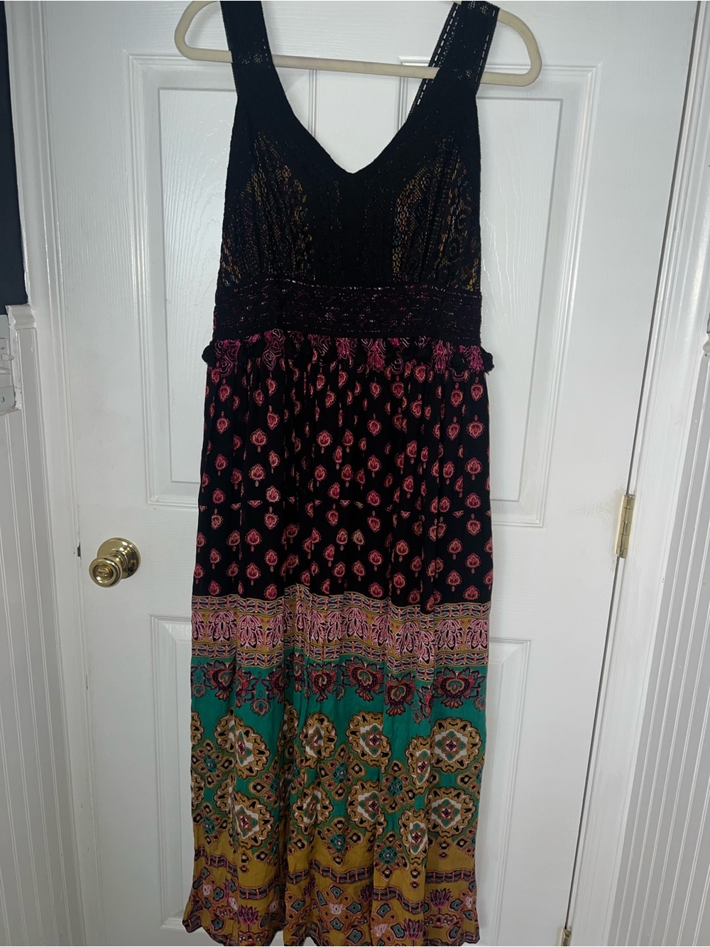 Boho Maxi Dress with Pink and Teal Print